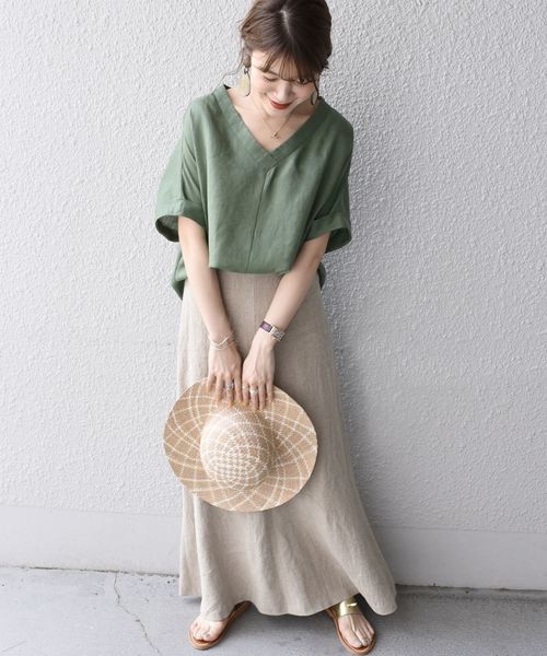美品SHIPSシップス　テレデランリネンドルマンプルオーバー　グリーン　F　麻 美品SHIPSシップス テレデランリネンドルマンプルオーバー