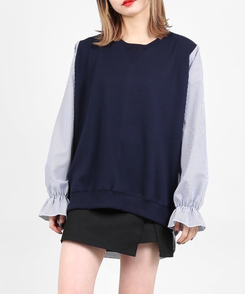 DING（ディング）の「DING/ストライプ切り替えトップス（Tシャツ/カットソー・レディース・ネイビー/ホワイト・FREE）」の2枚目の写真