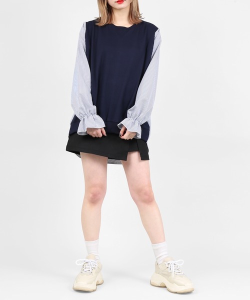 DING（ディング）の「DING/ストライプ切り替えトップス（Tシャツ/カットソー・レディース・ネイビー/ホワイト・FREE）」の14枚目の写真