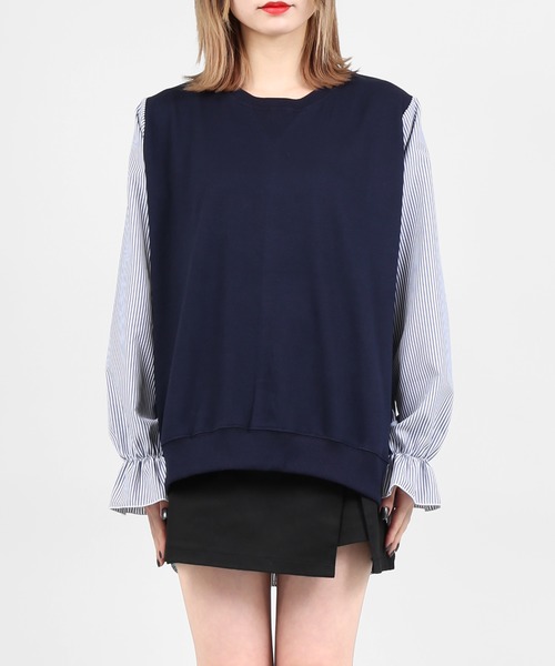 DING（ディング）の「DING/ストライプ切り替えトップス（Tシャツ/カットソー・レディース・ネイビー/ホワイト・FREE）」の3枚目の写真