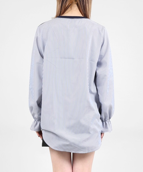 DING（ディング）の「DING/ストライプ切り替えトップス（Tシャツ/カットソー・レディース・ネイビー/ホワイト・FREE）」の5枚目の写真