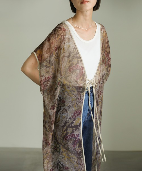 select MOCA（セレクトモカ）の「2WAYパイピングシアー総柄ロングジレ（ベスト・レディース・ベージュ/ブルーグレー・FREE）」の7枚目の写真