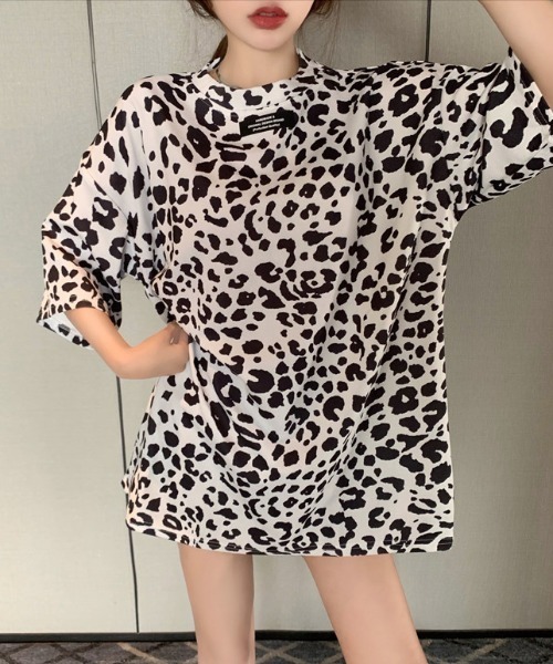 yuue' ( wear )(ユーイ)の「レオパード柄オーバーサイズ ビッグシルエット半袖Tシャツ カットソー / ワンピース(Tシャツ/カットソー・レディース・ホワイト・FREE)」の1枚目の写真