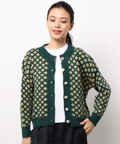 ABITOKYO(アビトーキョー)の「幾何柄クルーネックカーディガン(カーディガン/ボレロ・レディース・グリーン/キャメル・FREE)」の1枚目の写真