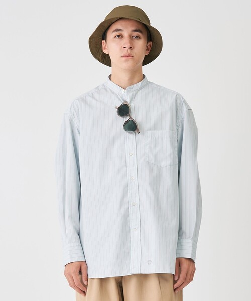 J.PRESS YORK STREET(ジェイプレスヨークストリート)の「【UNISEX】ストライプバンドカラー シャツ(シャツ/ブラウス・メンズ・サックスブルー系1/パープル系1/ピンク系1・SMALL/LARGE/X-LARGE/MEDIUM)」の2枚目の写真