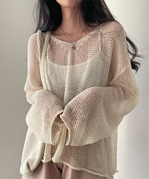 c.u.l（シーユーエル）の「透かし編みメッシュ長袖ニット culw173（ニット/セーター・レディース・グレイッシュブルー/アイボリー/グリーン・FREE）」の2枚目の写真