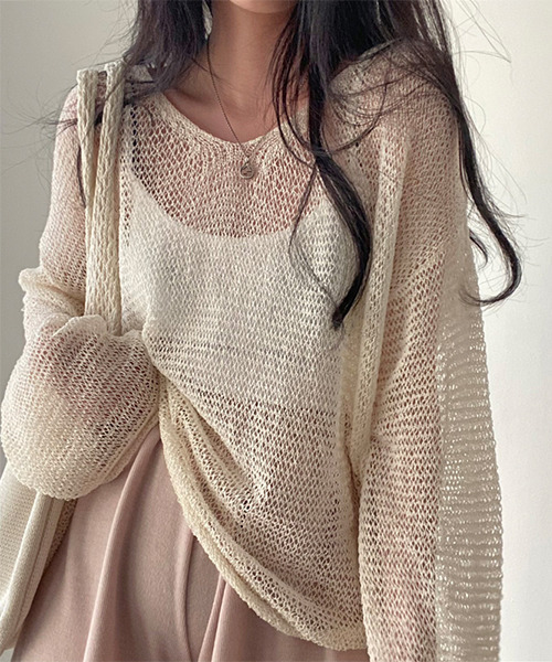 c.u.l（シーユーエル）の「透かし編みメッシュ長袖ニット culw173（ニット/セーター・レディース・グレイッシュブルー/アイボリー/グリーン・FREE）」の6枚目の写真