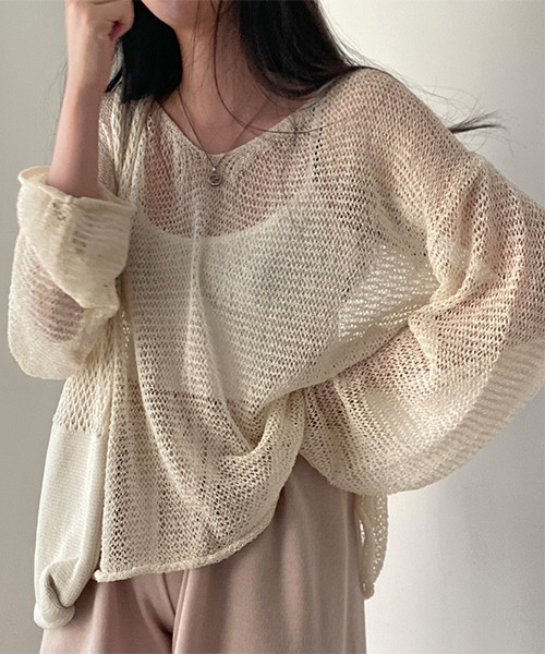 c.u.l（シーユーエル）の「透かし編みメッシュ長袖ニット culw173（ニット/セーター・レディース・グレイッシュブルー/アイボリー/グリーン・FREE）」の8枚目の写真