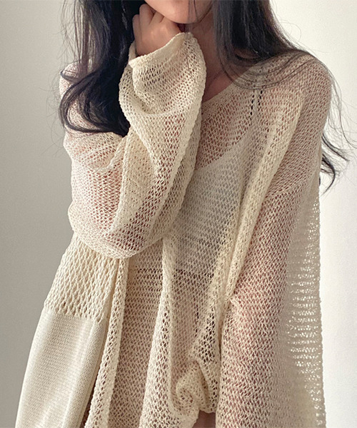 c.u.l（シーユーエル）の「透かし編みメッシュ長袖ニット culw173（ニット/セーター・レディース・グレイッシュブルー/アイボリー/グリーン・FREE）」の10枚目の写真