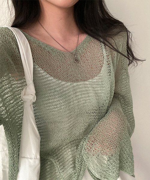 c.u.l（シーユーエル）の「透かし編みメッシュ長袖ニット culw173（ニット/セーター・レディース・グレイッシュブルー/アイボリー/グリーン・FREE）」の17枚目の写真
