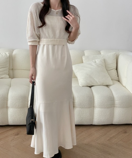 ECLIN（エクラン）の「メッシュショートコンビマーメイドキャミソールワンピース（ワンピース・レディース・ブラック/ベージュ/ブラウン/グリーン・M/L）」の3枚目の写真