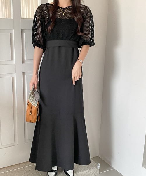 ECLIN（エクラン）の「メッシュショートコンビマーメイドキャミソールワンピース（ワンピース・レディース・ブラック/ベージュ/ブラウン/グリーン・M/L）」の2枚目の写真