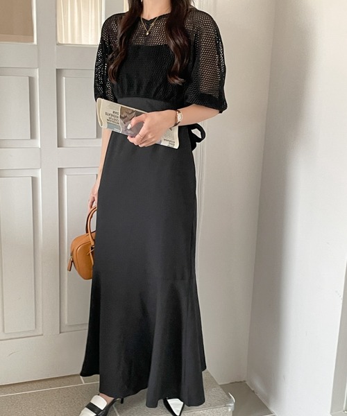 ECLIN（エクラン）の「メッシュショートコンビマーメイドキャミソールワンピース（ワンピース・レディース・ブラック/ベージュ/ブラウン/グリーン・M/L）」の6枚目の写真