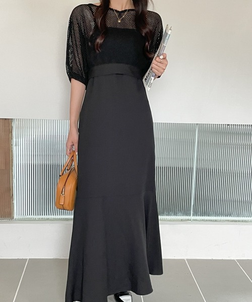 ECLIN（エクラン）の「メッシュショートコンビマーメイドキャミソールワンピース（ワンピース・レディース・ブラック/ベージュ/ブラウン/グリーン・M/L）」の8枚目の写真