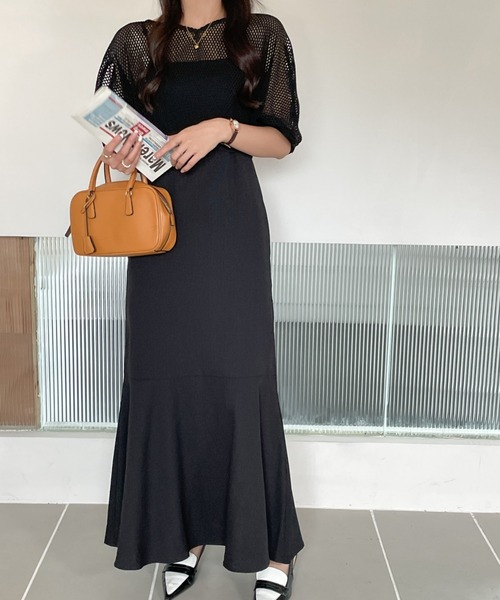 ECLIN（エクラン）の「メッシュショートコンビマーメイドキャミソールワンピース（ワンピース・レディース・ブラック/ベージュ/ブラウン/グリーン・M/L）」の9枚目の写真