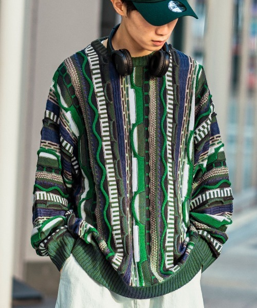 improves(インプローブス)の「ヴィンテージライク ジャガード織 3D クルーネック セーター(ニット/セーター・メンズ・ブラック/グリーン・LARGE/MEDIUM)」の1枚目の写真