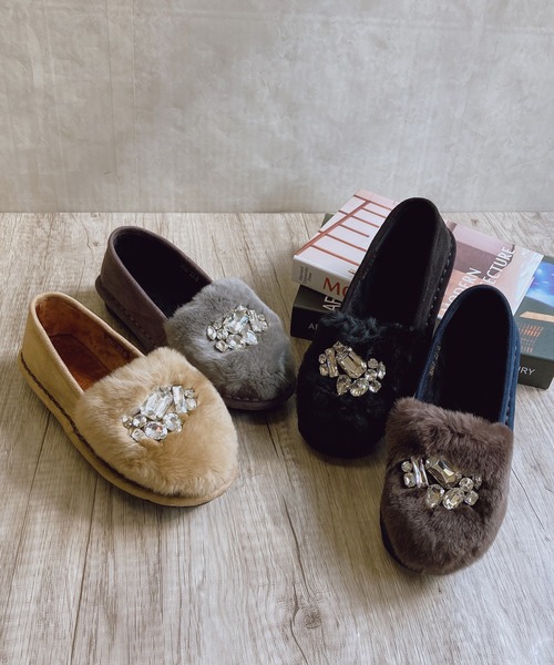 Noubel Voug Relax（ヌーベルヴォーグリラックス）の「キラキラビジューモフモフファースリッポン（スリッポン・レディース・ブラック/ネイビー/ダークベージュ/グレー・22.5cm/24.5cm/23cm/24cm/23.5cm）」の7枚目の写真