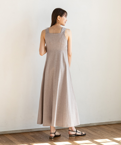 セール】麻ストレッチスクエアネックワンピース（ワンピース