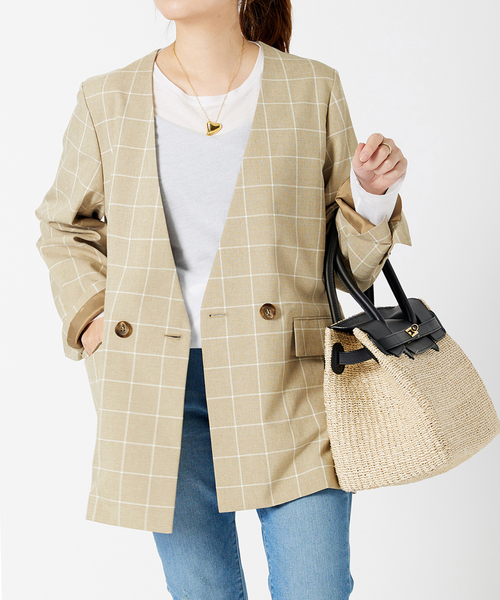 JOURNAL STANDARD(ジャーナルスタンダード)の「ノーカラーダブルジャケット(ノーカラージャケット・レディース・ネイビー/ベージュ/ブラウン・FREE)」の3枚目の写真