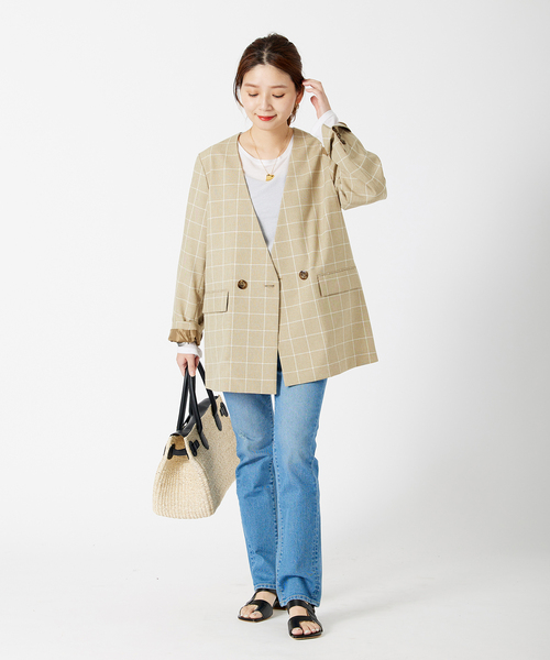 JOURNAL STANDARD(ジャーナルスタンダード)の「ノーカラーダブルジャケット(ノーカラージャケット・レディース・ネイビー/ベージュ/ブラウン・FREE)」の9枚目の写真