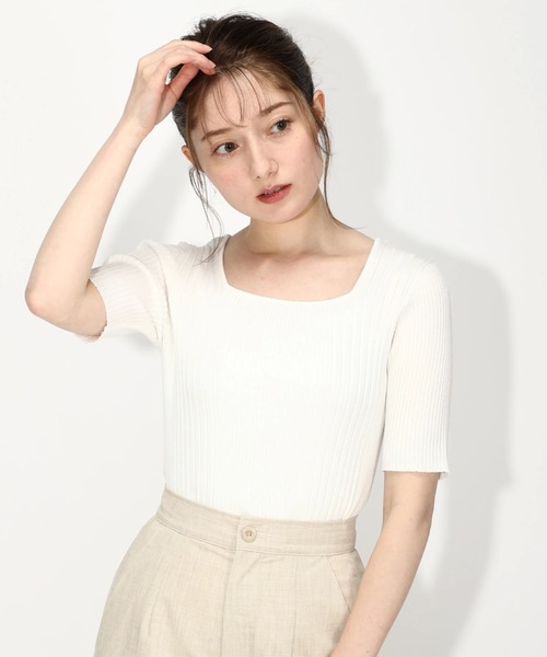 MISCH MASCH（ミッシュマッシュ）の「麻タッチスクエアネック半袖ニット（ニット/セーター・レディース・ブラック/グリーン/ホワイト/ベージュ/ピンク/ワイン/モカ/ブルー系・MEDIUM）」の12枚目の写真