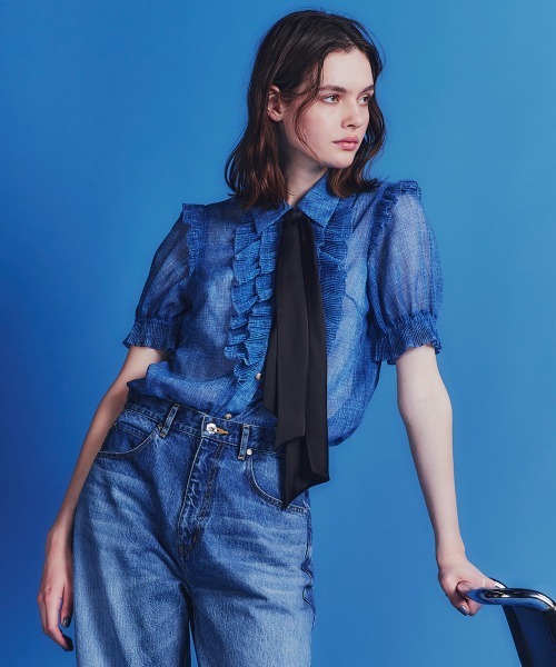 ダブルスタンダード　デニムプリントシフォンブラウス　サイズ38 DOUBLE STANDARD CLOTHING（ダブルスタンダードクロージング）の