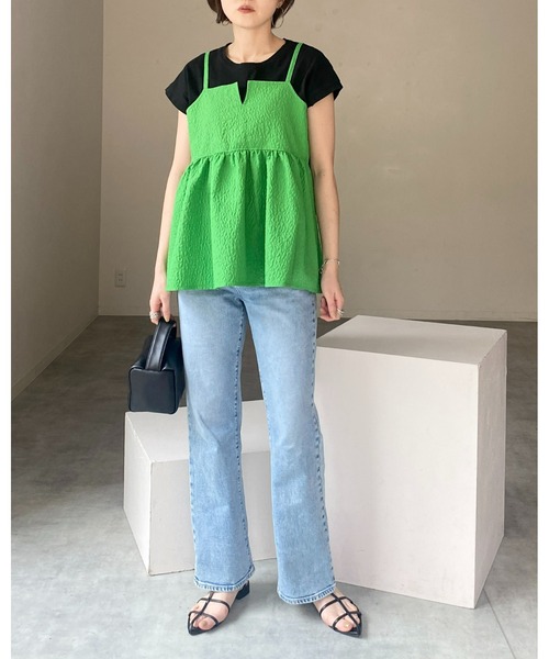 She's Closet（シーズクローゼット）の「ボリュームフレアギャザーふくれジャガードペプラムキャミソールトップス（キャミソール・レディース・グリーン/アイボリー/ブラック/ブラウン/ベージュ・FREE）」の17枚目の写真