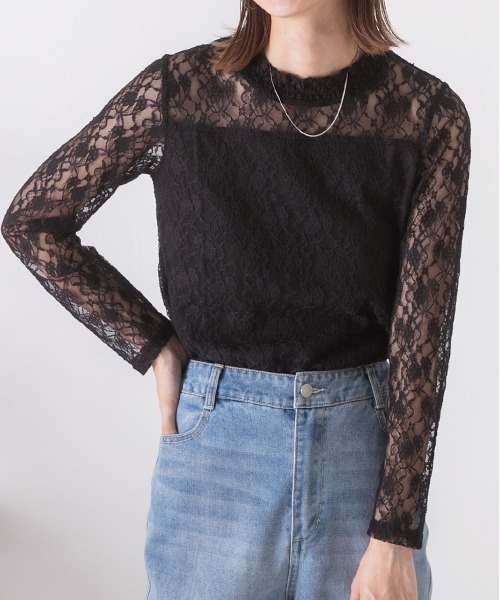 ad thie(アドティエ)の「レース シアー素材 ロングTシャツ(Tシャツ/カットソー・レディース・サックスブルー/モカ/ベージュ/オフホワイト/ブラック・FREE)」の2枚目の写真