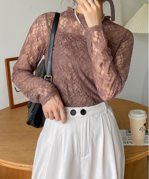 ad thie(アドティエ)の「レース シアー素材 ロングTシャツ(Tシャツ/カットソー・レディース・サックスブルー/モカ/ベージュ/オフホワイト/ブラック・FREE)」の3枚目の写真