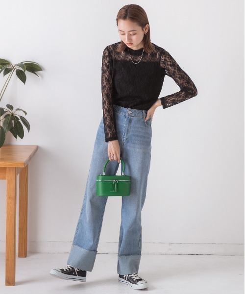 ad thie(アドティエ)の「レース シアー素材 ロングTシャツ(Tシャツ/カットソー・レディース・サックスブルー/モカ/ベージュ/オフホワイト/ブラック・FREE)」の13枚目の写真
