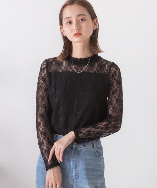 ad thie(アドティエ)の「レース シアー素材 ロングTシャツ(Tシャツ/カットソー・レディース・サックスブルー/モカ/ベージュ/オフホワイト/ブラック・FREE)」の14枚目の写真