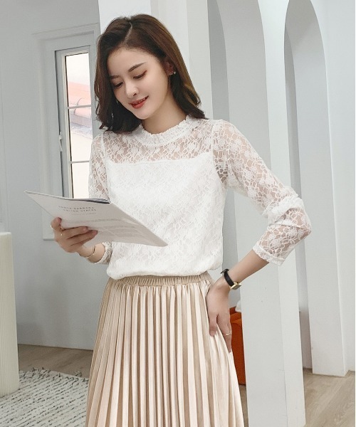 ad thie(アドティエ)の「レース シアー素材 ロングTシャツ(Tシャツ/カットソー・レディース・サックスブルー/モカ/ベージュ/オフホワイト/ブラック・FREE)」の7枚目の写真
