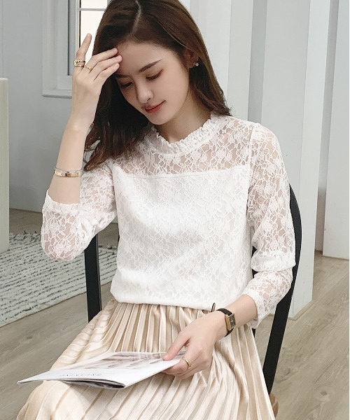 ad thie(アドティエ)の「レース シアー素材 ロングTシャツ(Tシャツ/カットソー・レディース・サックスブルー/モカ/ベージュ/オフホワイト/ブラック・FREE)」の9枚目の写真