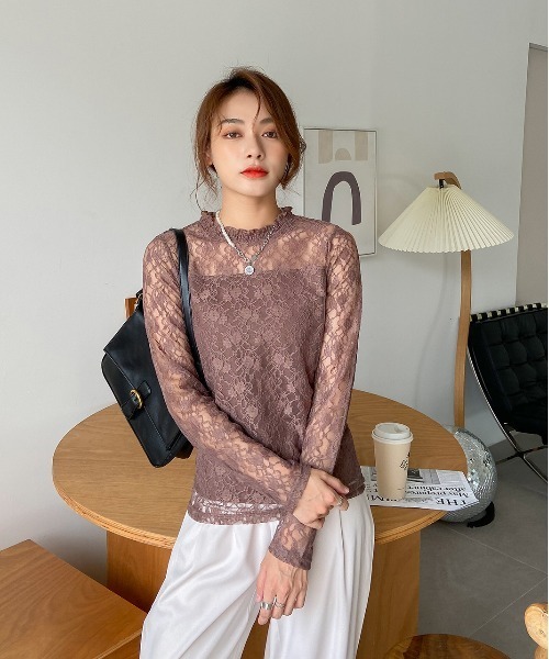 ad thie(アドティエ)の「レース シアー素材 ロングTシャツ(Tシャツ/カットソー・レディース・サックスブルー/モカ/ベージュ/オフホワイト/ブラック・FREE)」の19枚目の写真