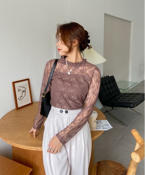 ad thie(アドティエ)の「レース シアー素材 ロングTシャツ(Tシャツ/カットソー・レディース・サックスブルー/モカ/ベージュ/オフホワイト/ブラック・FREE)」の20枚目の写真