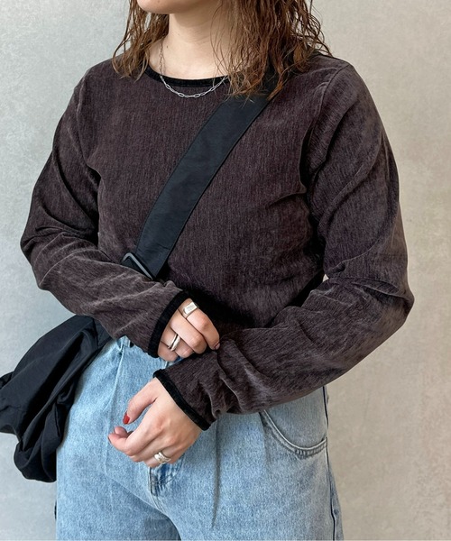 CPCM（シーピーシーエム）の「細配色クラッシュベロアロンT（Tシャツ/カットソー・レディース・グリーン/アイボリー/オレンジ/チャコールグレー/サックスブルー/マスタード・FREE）」の3枚目の写真