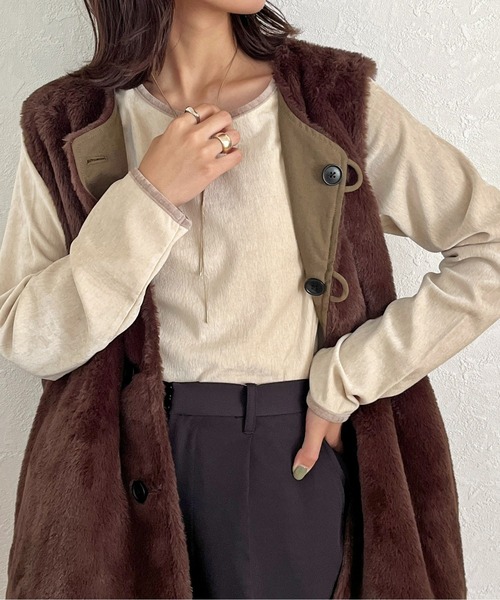 CPCM（シーピーシーエム）の「細配色クラッシュベロアロンT（Tシャツ/カットソー・レディース・グリーン/アイボリー/オレンジ/チャコールグレー/サックスブルー/マスタード・FREE）」の2枚目の写真