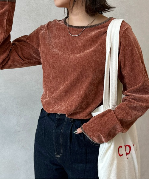 CPCM（シーピーシーエム）の「細配色クラッシュベロアロンT（Tシャツ/カットソー・レディース・グリーン/アイボリー/オレンジ/チャコールグレー/サックスブルー/マスタード・FREE）」の12枚目の写真