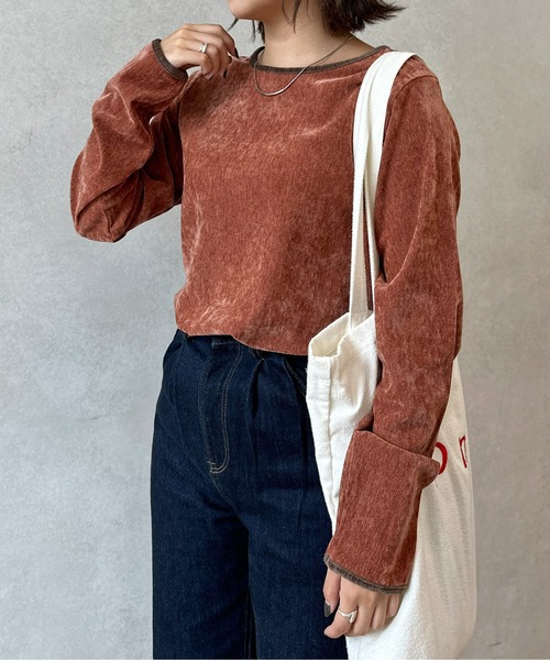 CPCM（シーピーシーエム）の「細配色クラッシュベロアロンT（Tシャツ/カットソー・レディース・グリーン/アイボリー/オレンジ/チャコールグレー/サックスブルー/マスタード・FREE）」の13枚目の写真