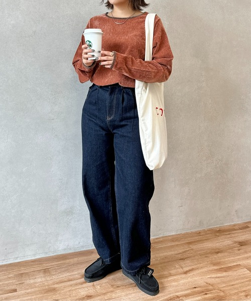 CPCM（シーピーシーエム）の「細配色クラッシュベロアロンT（Tシャツ/カットソー・レディース・グリーン/アイボリー/オレンジ/チャコールグレー/サックスブルー/マスタード・FREE）」の18枚目の写真