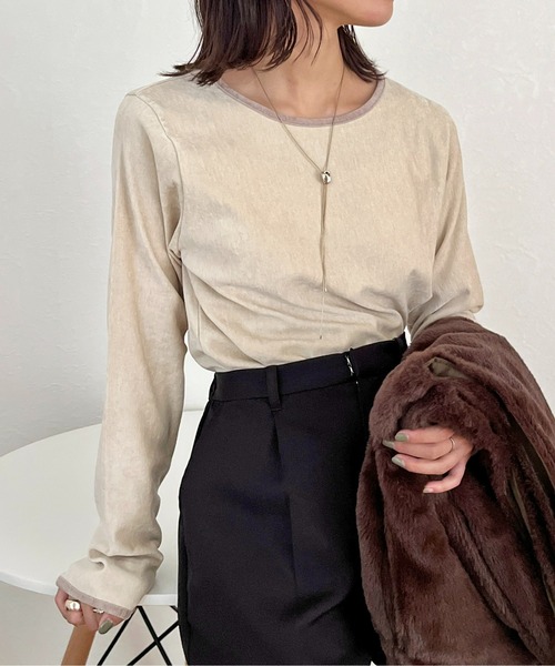 CPCM（シーピーシーエム）の「細配色クラッシュベロアロンT（Tシャツ/カットソー・レディース・グリーン/アイボリー/オレンジ/チャコールグレー/サックスブルー/マスタード・FREE）」の9枚目の写真