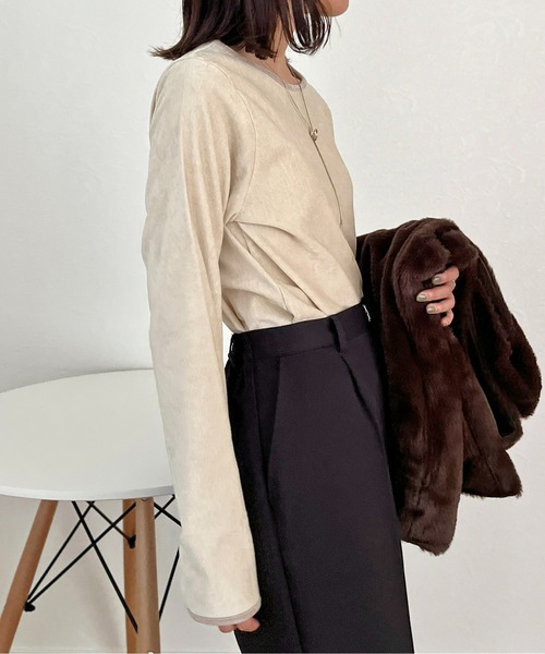 CPCM（シーピーシーエム）の「細配色クラッシュベロアロンT（Tシャツ/カットソー・レディース・グリーン/アイボリー/オレンジ/チャコールグレー/サックスブルー/マスタード・FREE）」の10枚目の写真