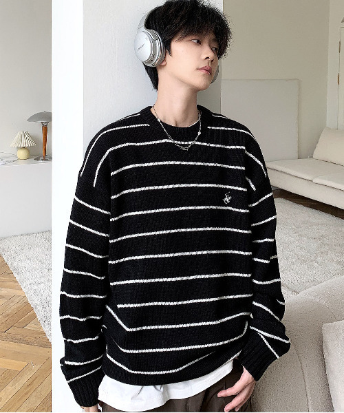 【セール】【neos -addictive design-】BEVERLY HILLS POLO CLUB ビバリーヒルズ ポロクラブ ルーズシルエット クルーネック ボーダー ニット プルオーバー（ニット/セーター）｜BEVERLY HILLS POLO CLUB（ビバリーヒルズポロクラブ） 5,392円