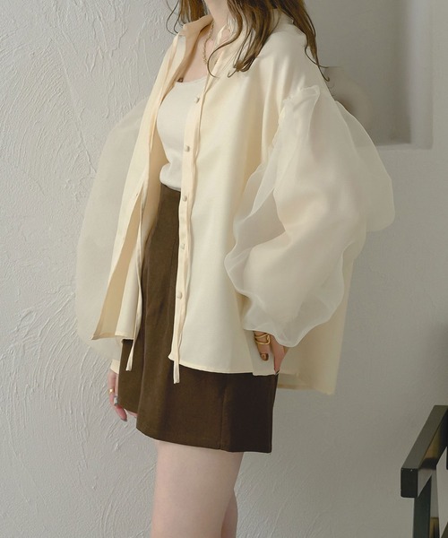 Ambre Neige(アンブルネージュ)の「オーガンジドッキングバンドカラーシャツ/【WEB/EC限定商品】(シャツ/ブラウス・レディース・アイボリー/ダークブラウン/チャコールグレー・FREE)」の10枚目の写真