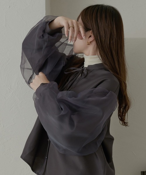 Ambre Neige(アンブルネージュ)の「オーガンジドッキングバンドカラーシャツ/【WEB/EC限定商品】(シャツ/ブラウス・レディース・アイボリー/ダークブラウン/チャコールグレー・FREE)」の8枚目の写真