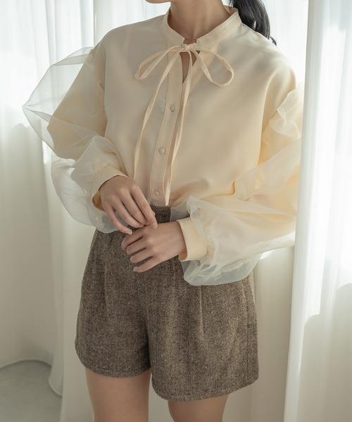Ambre Neige(アンブルネージュ)の「オーガンジドッキングバンドカラーシャツ/【WEB/EC限定商品】(シャツ/ブラウス・レディース・アイボリー/ダークブラウン/チャコールグレー・FREE)」の9枚目の写真