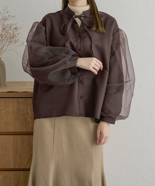 Ambre Neige(アンブルネージュ)の「オーガンジドッキングバンドカラーシャツ/【WEB/EC限定商品】(シャツ/ブラウス・レディース・アイボリー/ダークブラウン/チャコールグレー・FREE)」の17枚目の写真
