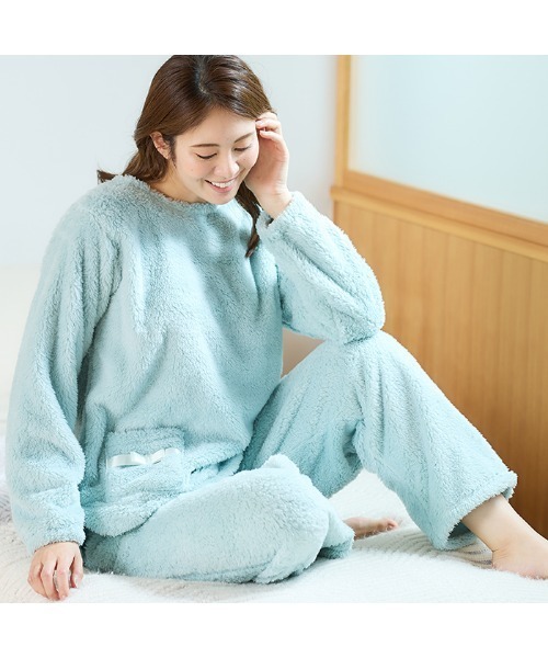 水色パジャマ 未使用 スパンデックス ポリエステル なめらかふわふわ温活上下セット】もこもこソフトボアパジャマセット