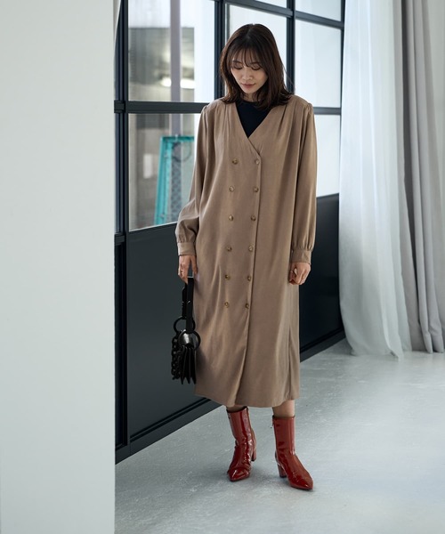 STYLE DELI(スタイルデリ)の「ダブル合わせVネックワンピース(ワンピース・レディース・ブラック/ベージュ・FREE)」の1枚目の写真