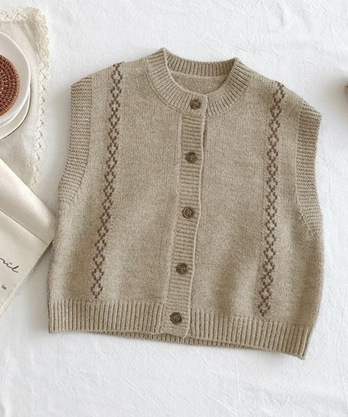 セール】ツートンカラーリブ襟ナチュラルrテイストニットベスト キッズ
